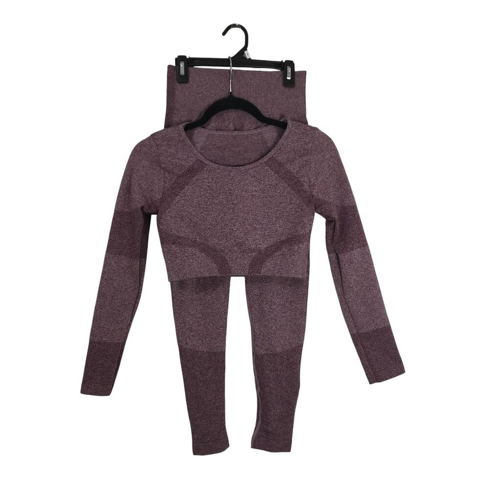 Set Seamless Burgundy Long Sleeve Crop Top & Leggings For Exercise Womens